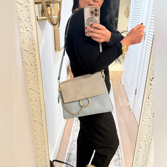 Chloe Handbags - CHLOE Calfskin Suede Medium Faye
Shoulder Bag Airy Grey blue
